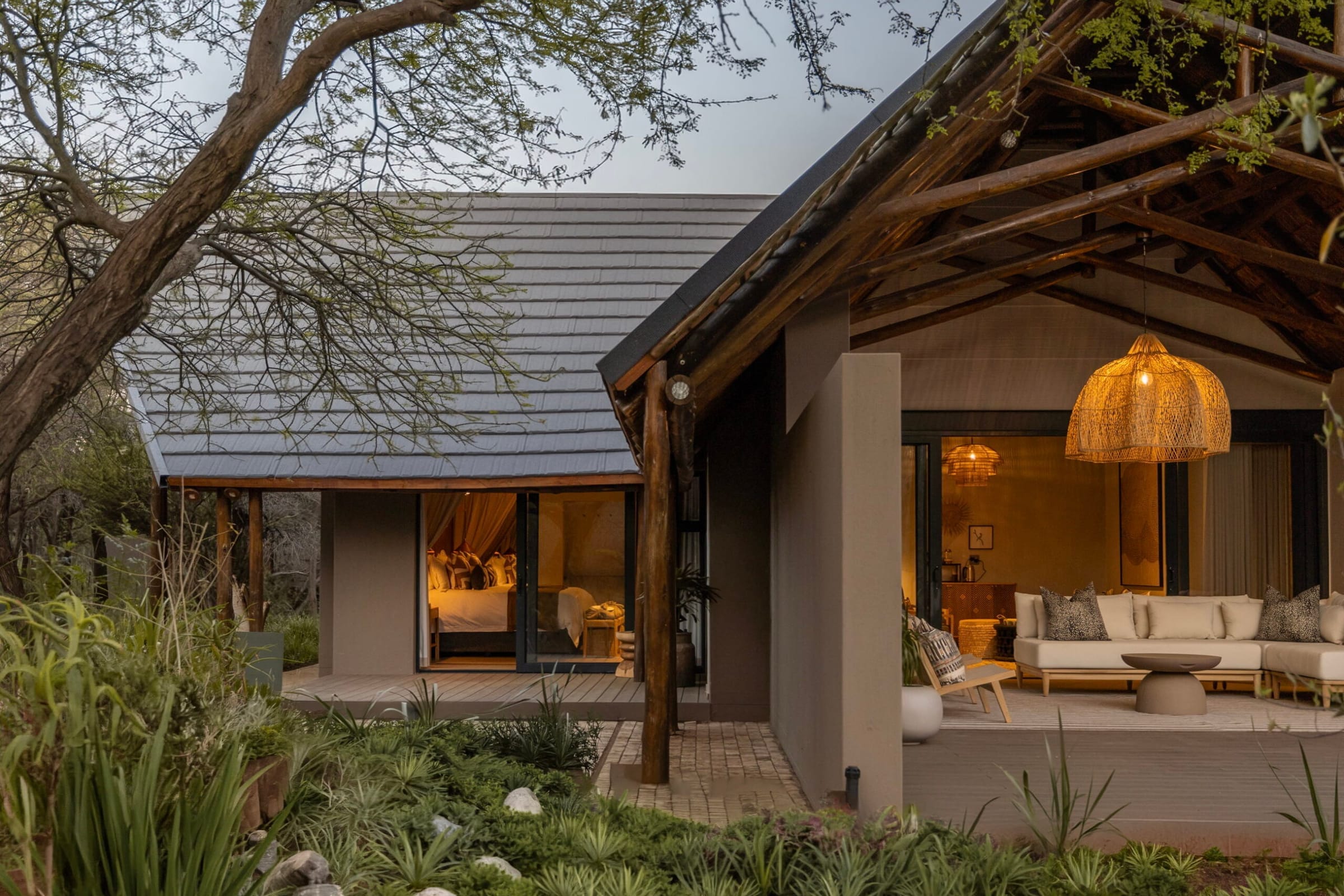 The Two-Bedroom Villa at Tsholo Safari Lodge at dusk
